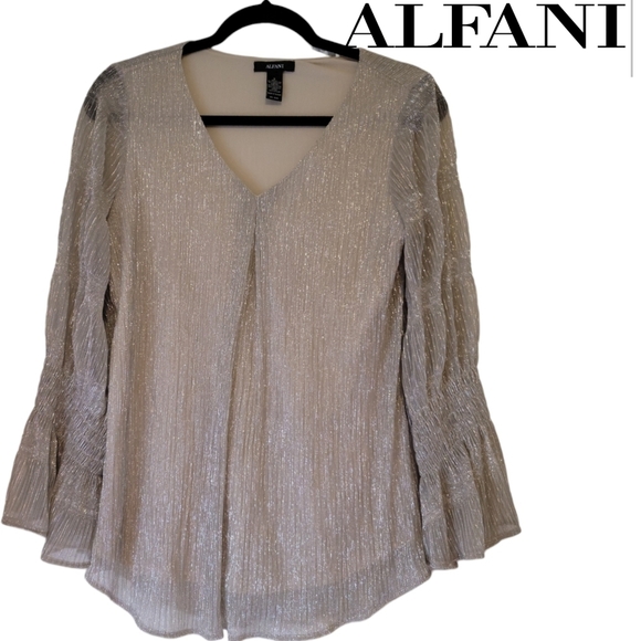 ALFANI party top shiny gold metallic 3/4 bell sleeve Blouse Shirt Size Small - Picture 2 of 7